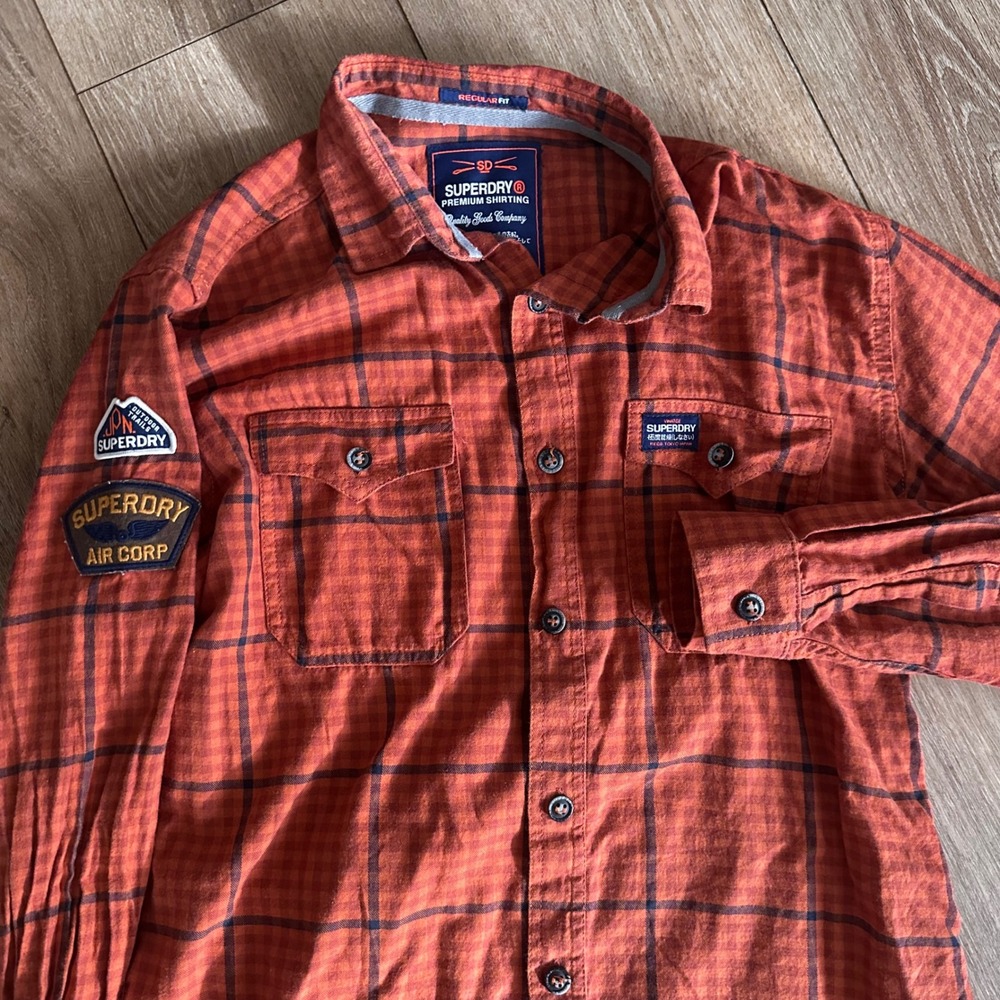 Superdry Mens Premium Shirting Plaid Button Down Red Air Corp Patch Regular L
